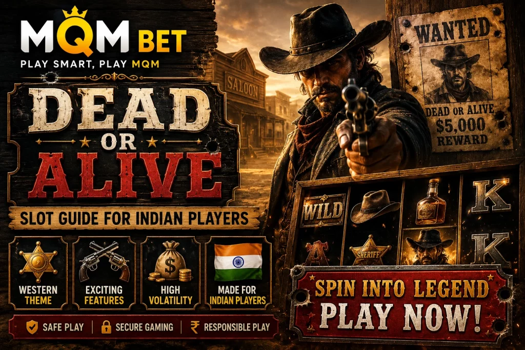 Rectangular MQM Bet Dead or Alive Slot Guide for Indian Players banner with Western cowboy theme, wanted poster, slot symbols, high volatility notes, and responsible play message.
