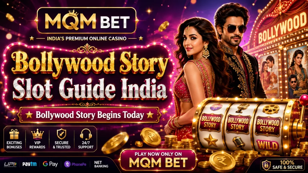 Rectangular MQM Bet Bollywood Story Slot Guide India banner with Bollywood cinema theme, glamorous characters, slot reels, rupee coins, bright stage lights, and India-focused casino guide styling.